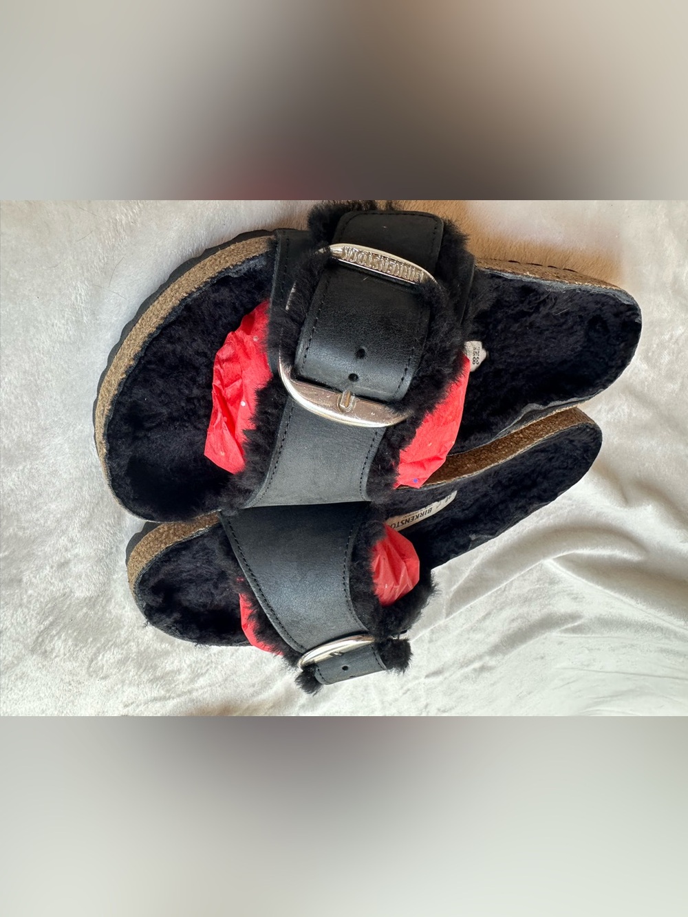 Birkenstock - Black Furry Slide Sandals with Silver Buckle